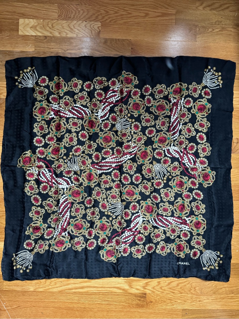 CHANEL Black Silk Scarf with Ruby, Gold & Pearl Jewels 90